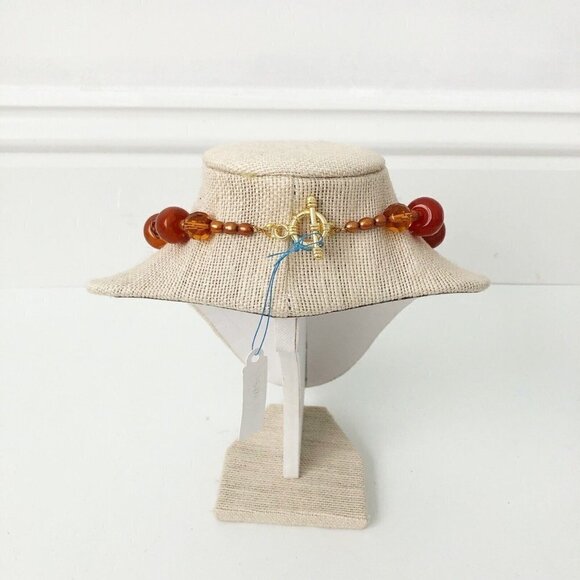 NWT Genuine Carved Sunstone, Agate, Pearl & Czech Crystal Necklace Flower Orange - Picture 5 of 6